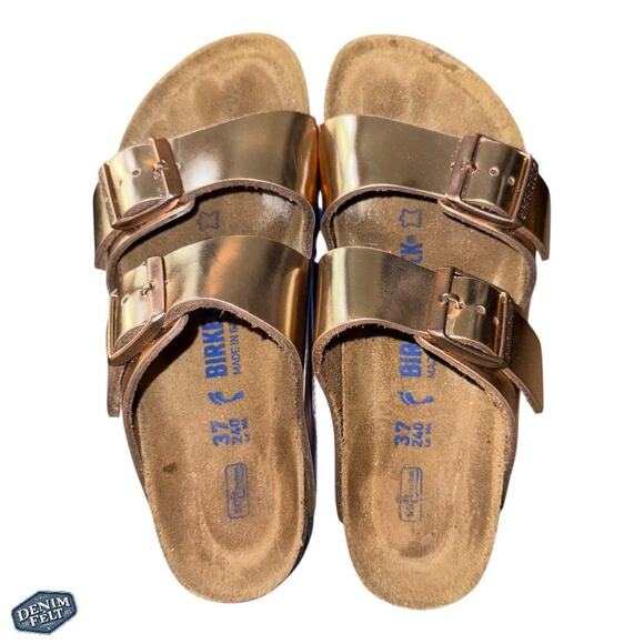 Birkenstock Women’s Metallic Copper Arizona BS Slip On Slide Sandals - Picture 10 of 16